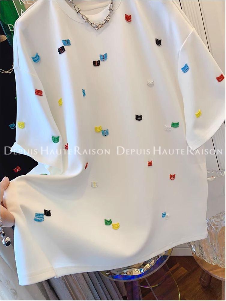 Women's Summer Loose Fit Korean Embroidered T-Shirt - Unique Straight Shoulder Short Sleeve Top