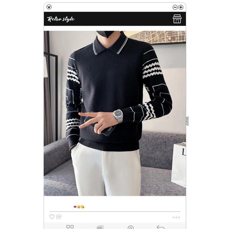 Polo Collar Sweater Men's Slim Fake Two-piece Knitted Bottoming Shirt Autumn and Winter Fashion Contrasting Geometric Top