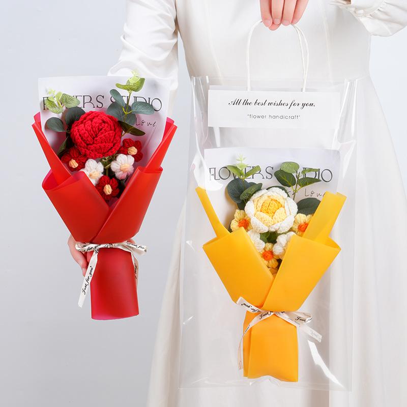 Knitted Flower Bouquet Crochet Rose Flowers Hugging Bucket New Year Gifts Living Room Desk Decoration Mother's Day Gift