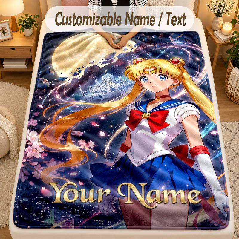 Flannel BlanketSailor Moon Custom Name Text Personalized Soft Warm Throw Blanket Home Decor Gift