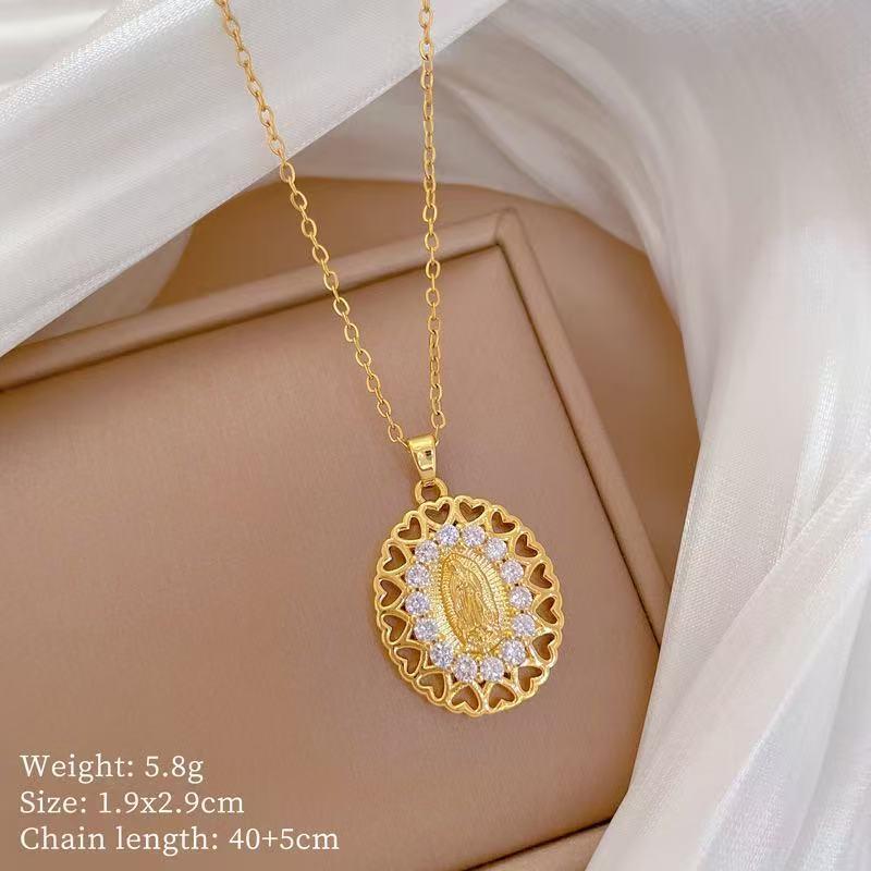 Gold Plated Maria Necklace Cubic Zircon Heart Choker For Women Mary Titanium Steel Chain Religious Jewelry