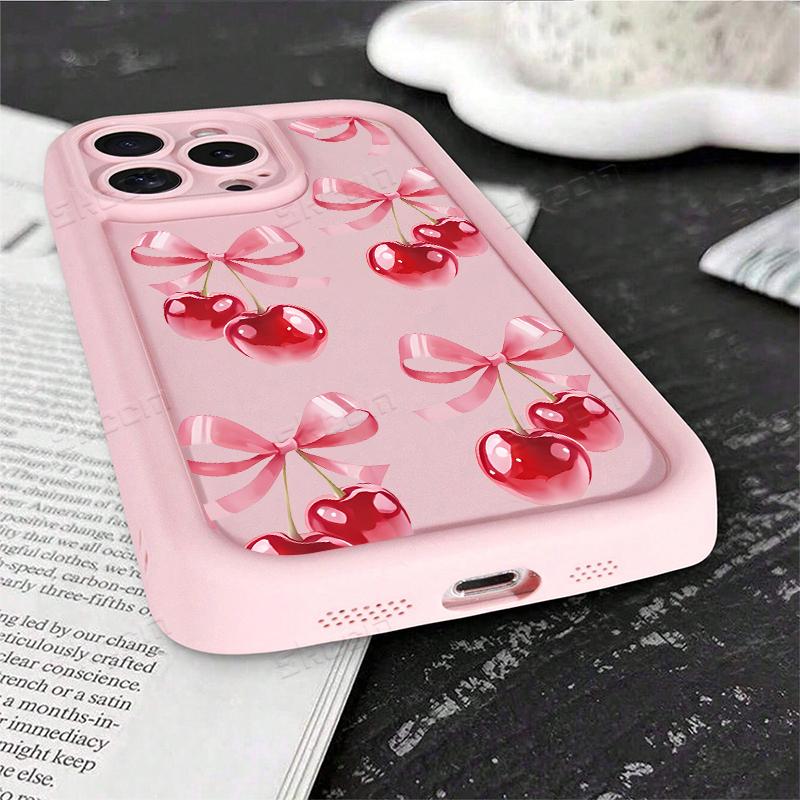 Simple Pink Cherry Bow Pattern Phone Case For iPhone 17 16 15 14 13 12 11 Pro Max 17 Air 16E X XR XS 7 8 Plus Shockproof Cover