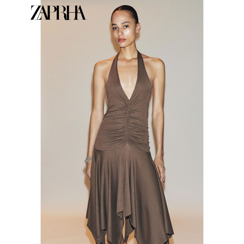 Zaprha 2025 Summer New Elegant Neck Collar Bow Backless Asymmetric Dress 4174814