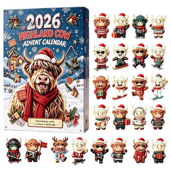 Countdown to Christmas 24 Days 3D Highland Cow Advent Calendar 2026, Festive Gift Box with Cute Farm Cattle Mini Figurines for Holiday Desk Ornaments