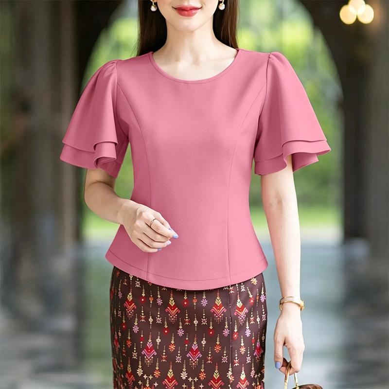 ZANZEA Women Casual Round Neck Solid Color Ruffles Short Sleeve Blouse S розовый