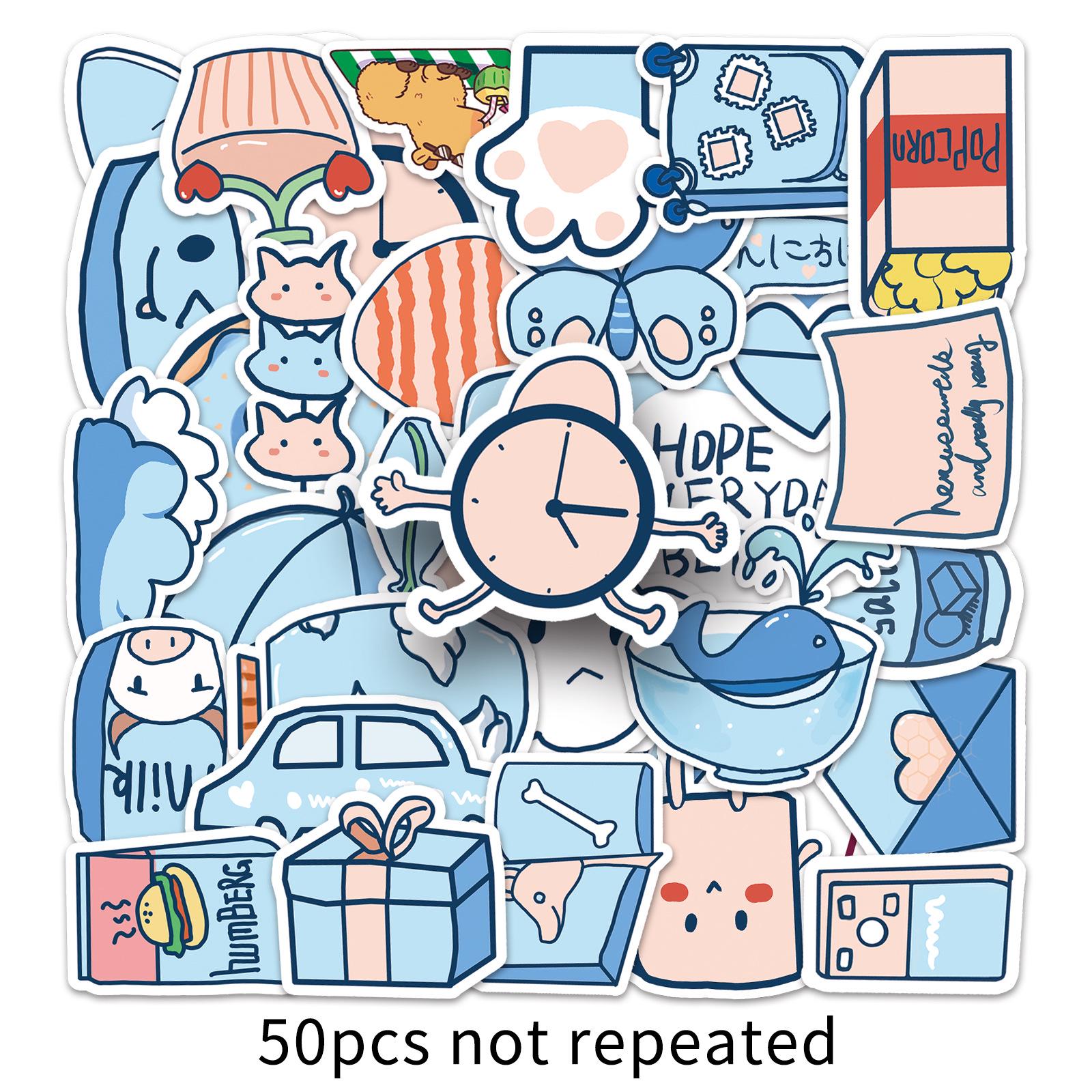 

50 Cute Blue-Toned Cartoon Heart Stickers for DIY Water Bottles, Stationery, and Planners