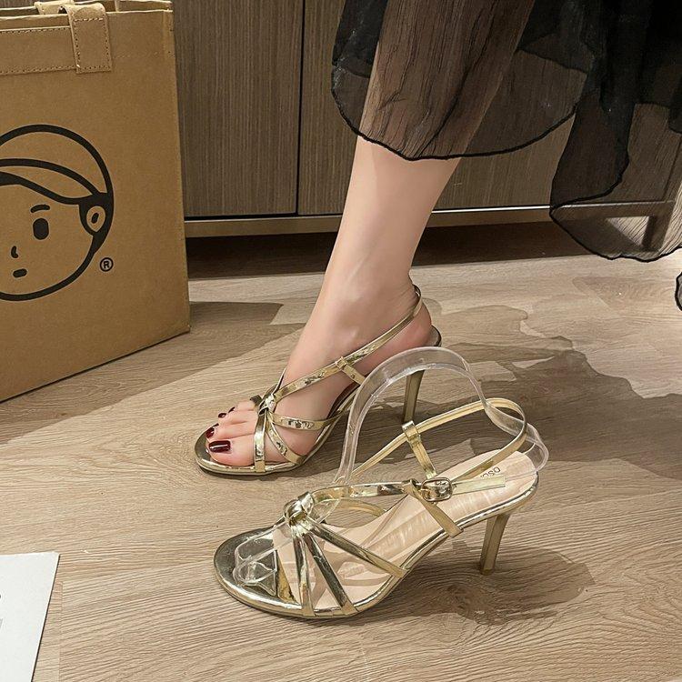 

Sandals girl 2025 new gold high-heeled sandals open-toe one-word buckle stiletto with skirt high heels fairy style 40 золотий