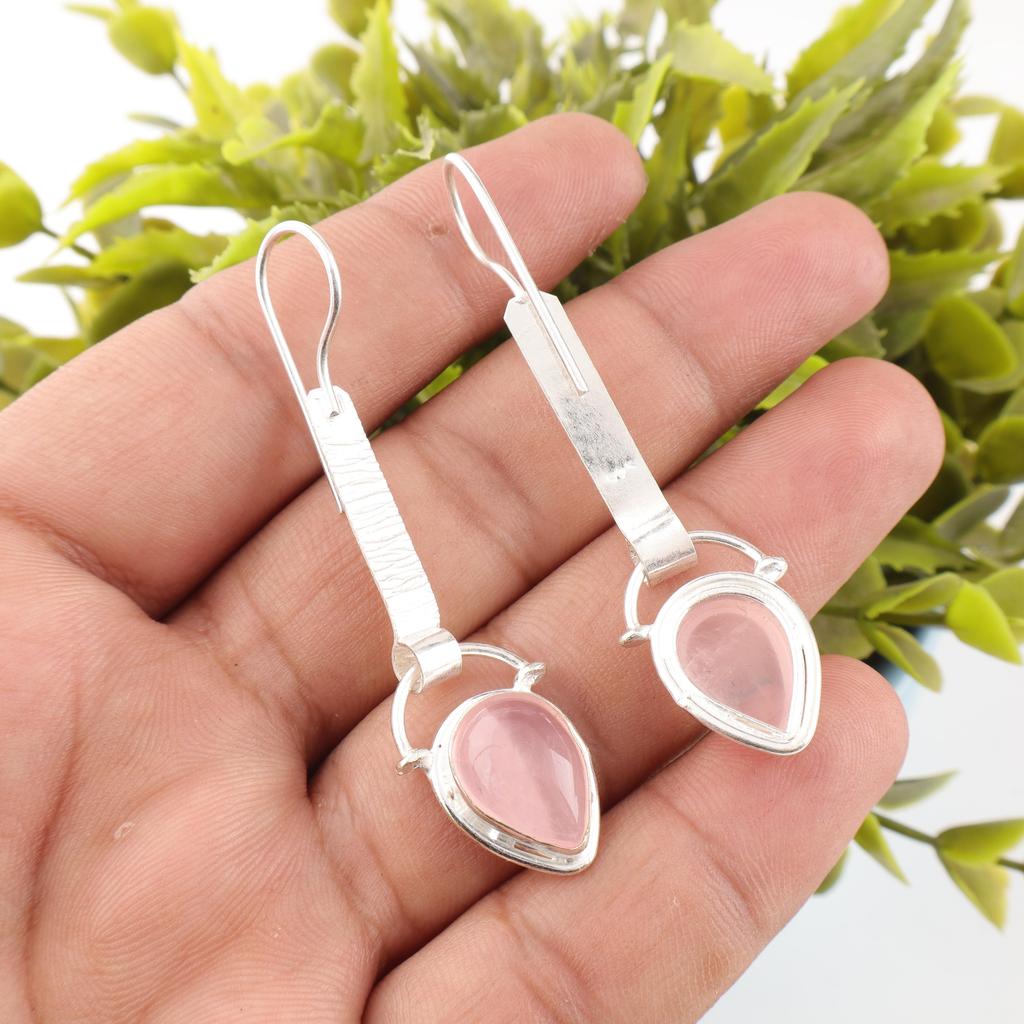 Rose Quartz Jewelry, 925 Solid Sterling Silver Earrings Handmade Gemstone Jewelry, Gifts For Wife Brand New Earrings For Gift