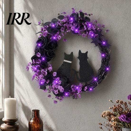 Black Cat Wreath with Lights Halloween Floral Garland, String Lights, Silhouette Garland Wreath, for Front Door Indoor Outdoor Wall Decor