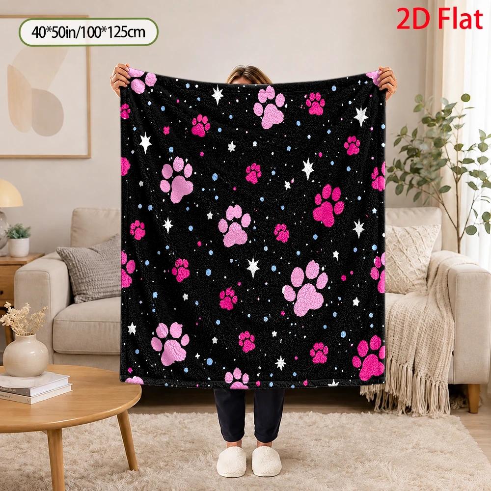 280 Gsm Flannel Blanket with Pink Paw Prints And Whimsical Watercolor Starry Night Pattern Black Background White Star Details Casual Soft Cozy Home B