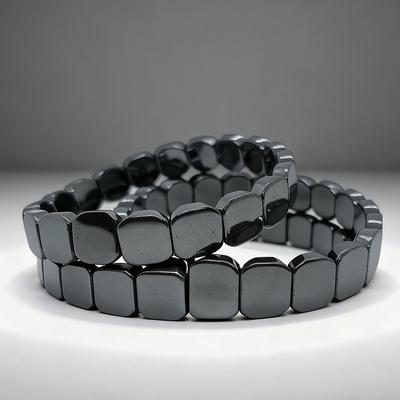 Fashion Elastic Black Gallstones Bracelet Jewelry Handmade Square Bead Wristband Modular Links Black Men Bangle Travel