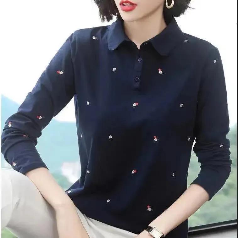 Women's Spring/Autumn Floral Print Long-Sleeved Polo Shirt Fitted Crew-Neck Base Layer