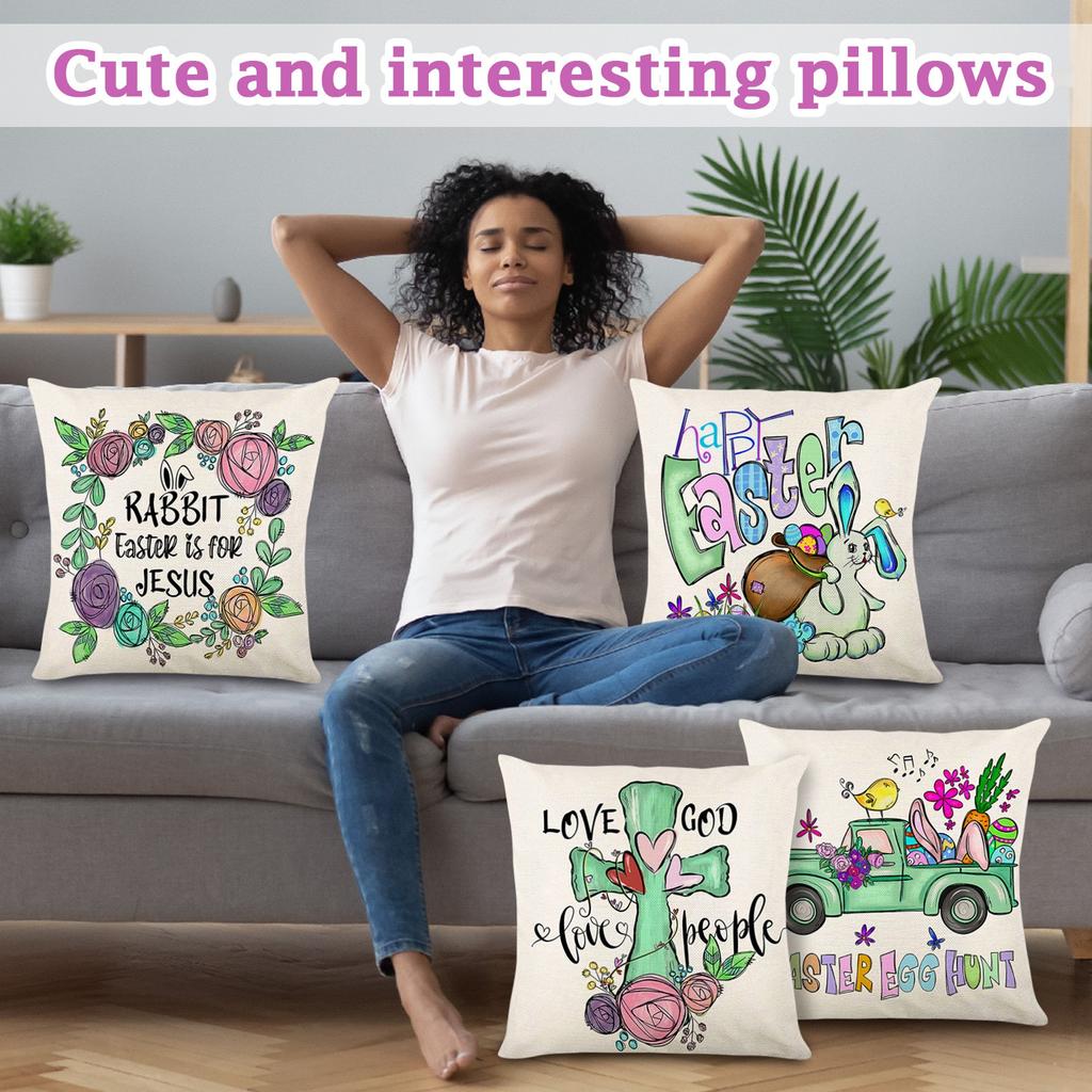 Easter Pillow Covers Decorations Cases For Home Holiday Set Of 4 Easter Pillowcase Holiday Home Sofa Bedside Pillowcase