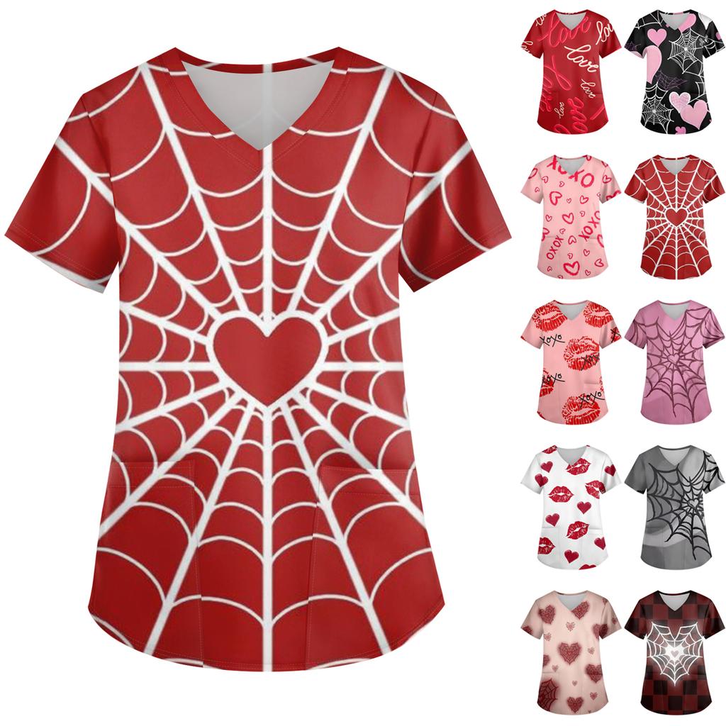 Ladies' Valentine's Day Printed Fashionable V-neck Pocket Short Sleeved Uniform And Caregiver Top