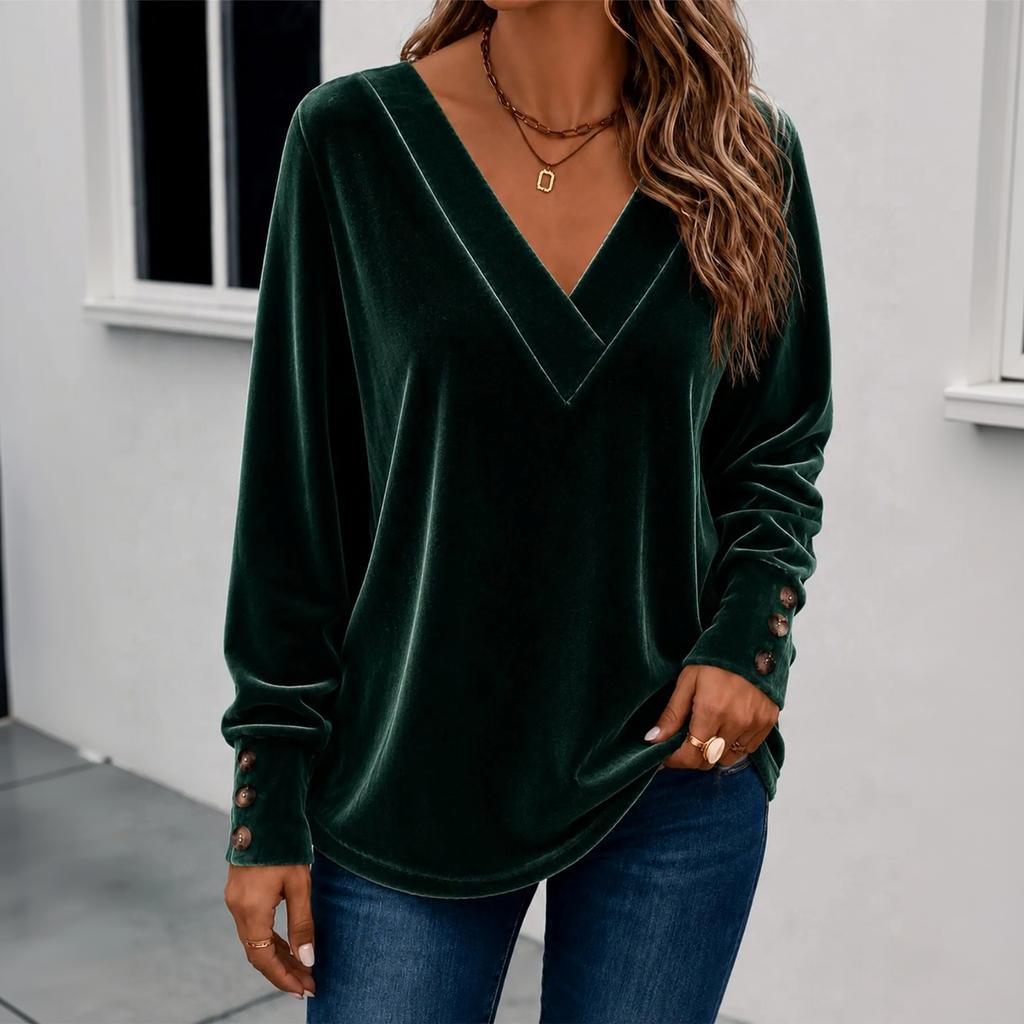 Women's V-Neck Long Sleeve Button Casual Pullover Top