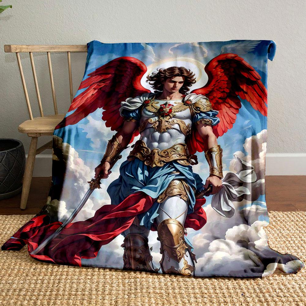 Archangel Michael Winged Warrior Clouds Blanket Bedroom Blanket for Livingroom Couch Lunch Break Soft Throw for Friend's Festival Gift