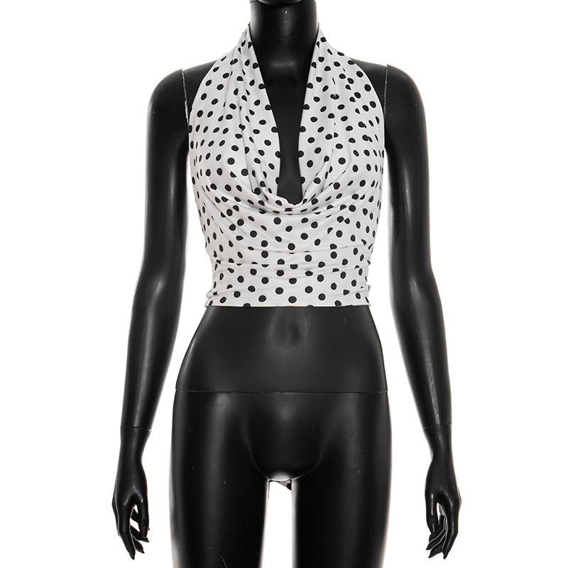 European and American Style Polka Dot Deep V Neck Lace-Up Top L белый