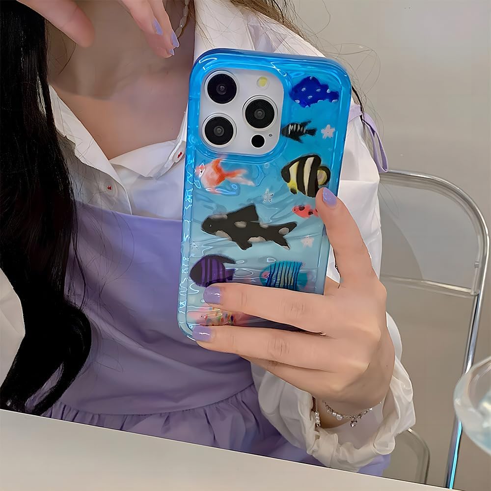 Compatible with iPhone Case,Cute Ocean Animals Aquaria Lovely Fishes Full Body Protection Soft Shockproof Cover Phone Case (Blue,iPhone 14 Plus)