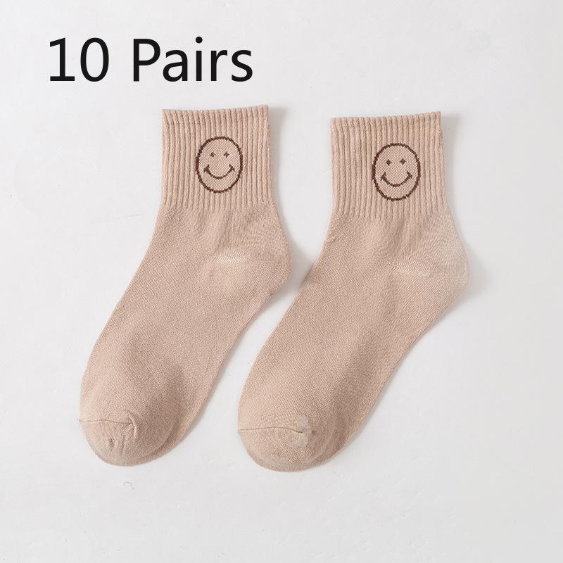 

10 пар женских осенних повседневных милых носков-трубок кофейного цвета с улыбающимся лицом, дышащих и впитывающих пот 10 Pairs
