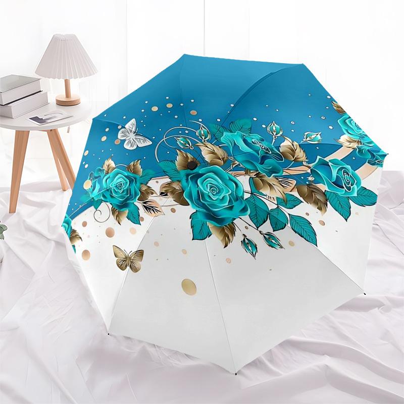 1pc Blue Floral Butterfly Design Umbrella with Plastic Handle,Compact & Stylish,Suitable for All Seasons ptys26077