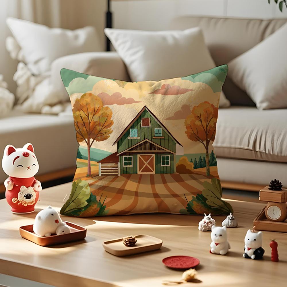 Colorful Farm Painting Pillow Case Antidustmite Pillowcase Invisible Zipper Silky Short Plush Sofa Cushion Cover