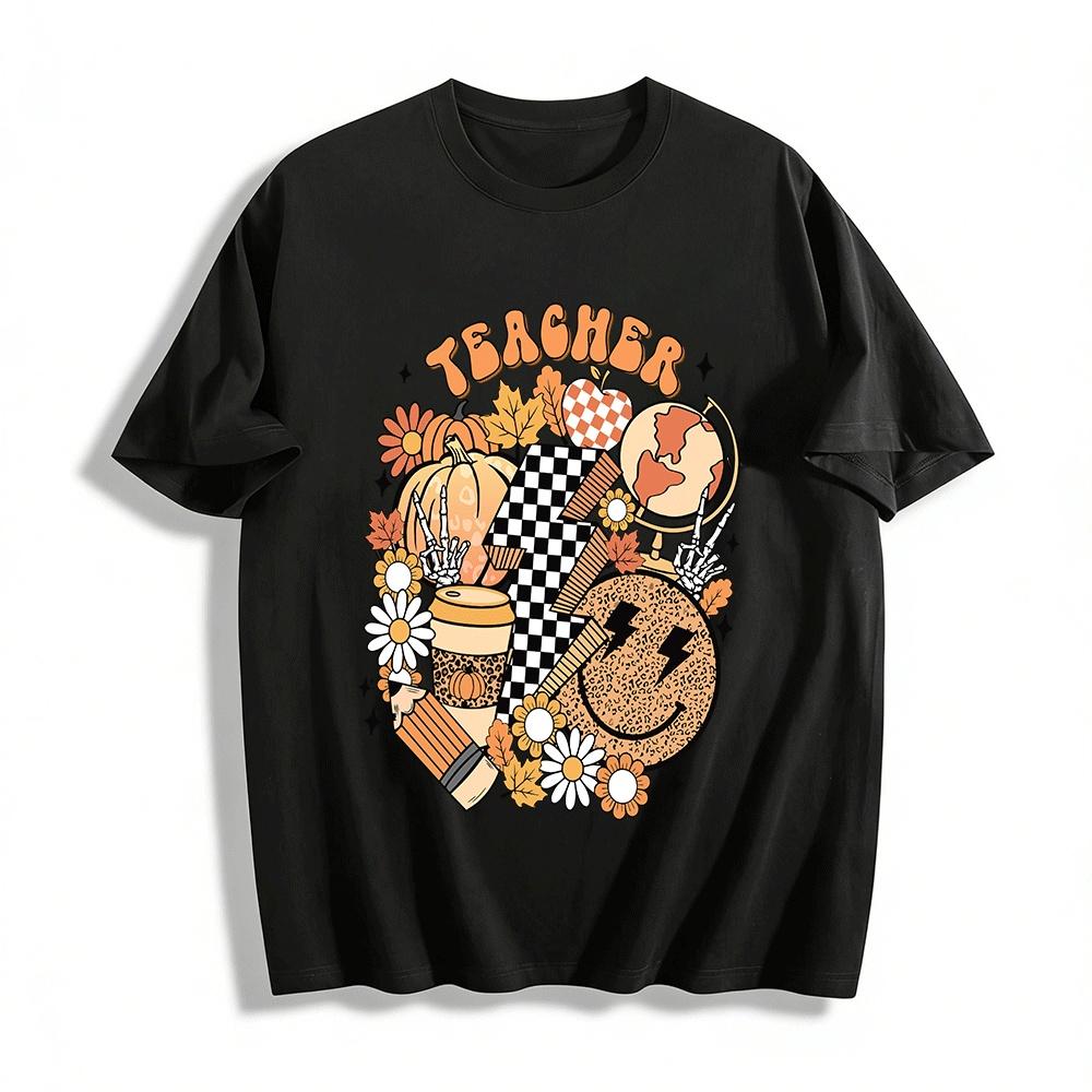 Retro Fall Teacher Print Tshirt Halloween School Themed Top Pure cotton T-shirt XXS