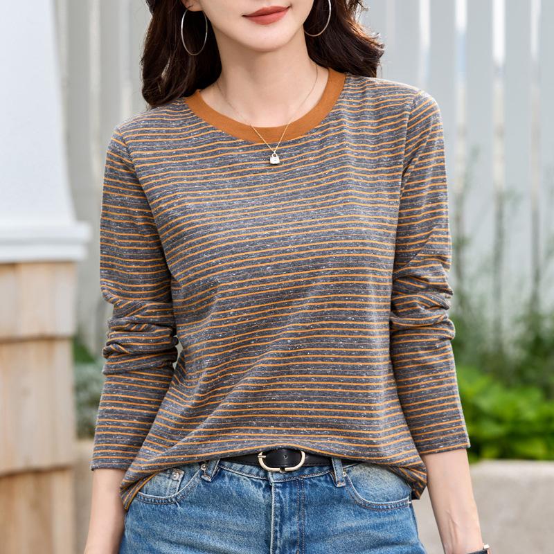 Women's Plus Size Striped Color Block Crew Neck Long Sleeve T-Shirt – Slimming, Versatile Autumn Base Layer Top