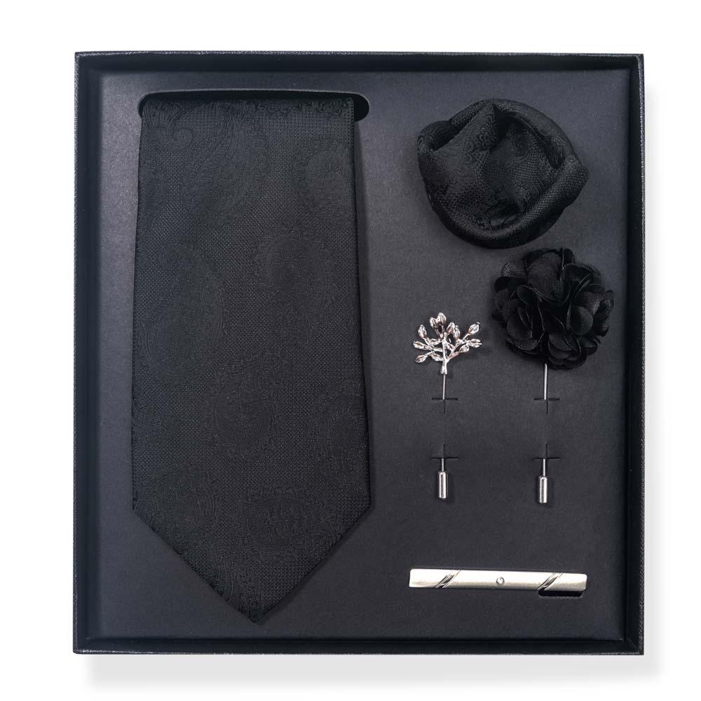 Paisley-Blumen-Krawatten-Geschenkset: Enthält Krawatte, Einstecktuch, Manschettenknöpfe, Ansteckblume und Krawattennadel in einer sechsteiligen Schachtel