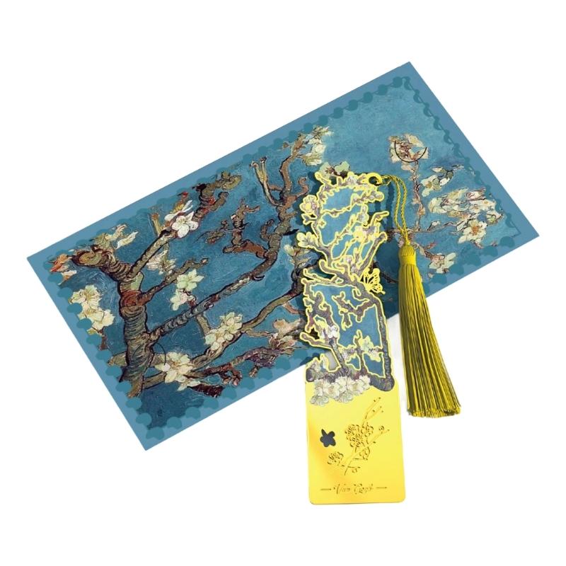 Oil Painting Metal Bookmarks with Tassels Book Page Marker Hollowed Flower Engraved Bookmarks Gifting for Book Lover