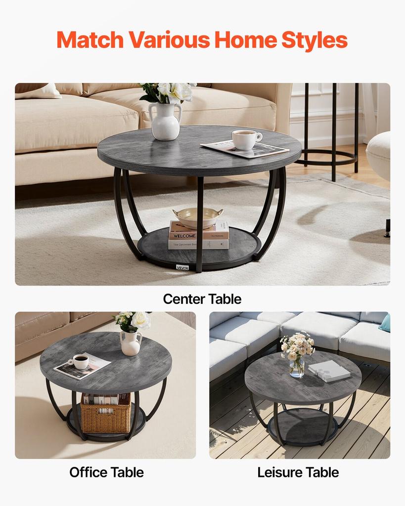 Coffee Table, Modern Round Coffee Table, 2 Tiers Wooden Circle Center Desk with Open Storage, Minimalist Sturdy Metal Frame Accent End Desk for Living