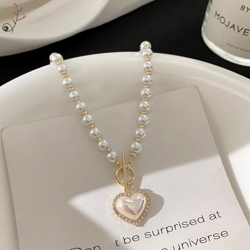 French Mermaid Pearl & Diamond Heart Pendant Necklace with T-Clasp for Women