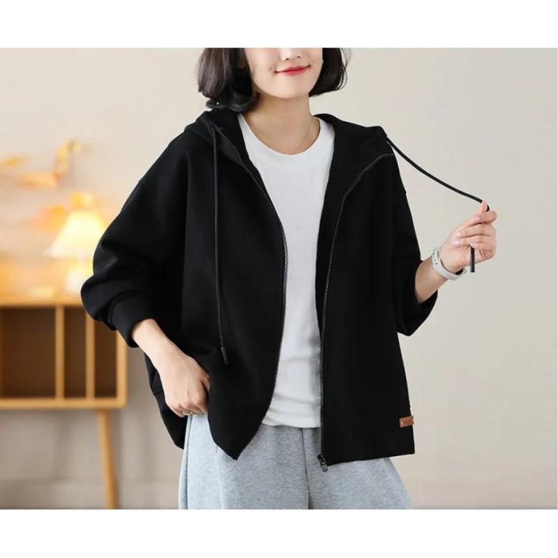 Women's Spring and Autumn Loose Casual Hooded Sweatshirt with Letter Zipper Cardigan Jacket