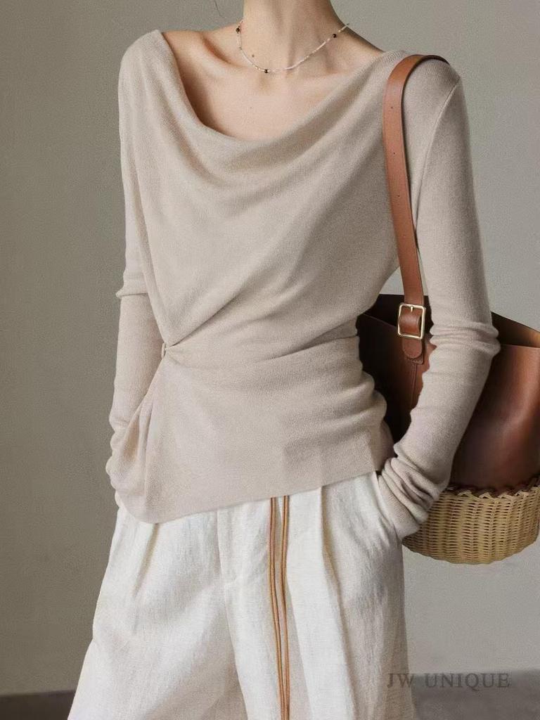 Women's 2025 Slim-Fit Batwing Sleeve Knit Top - Irregular Design for Early Autumn