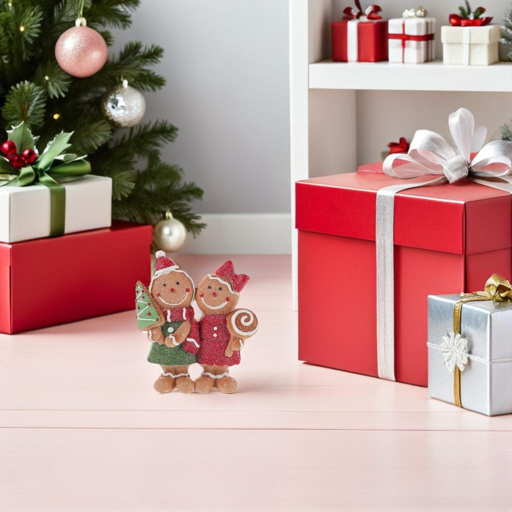 2pcs Christmas Gingerbread Decorations Christmas Resin Gingerbread Boy Girl With Hat Bow Scarf Figurines For Home Kitchen