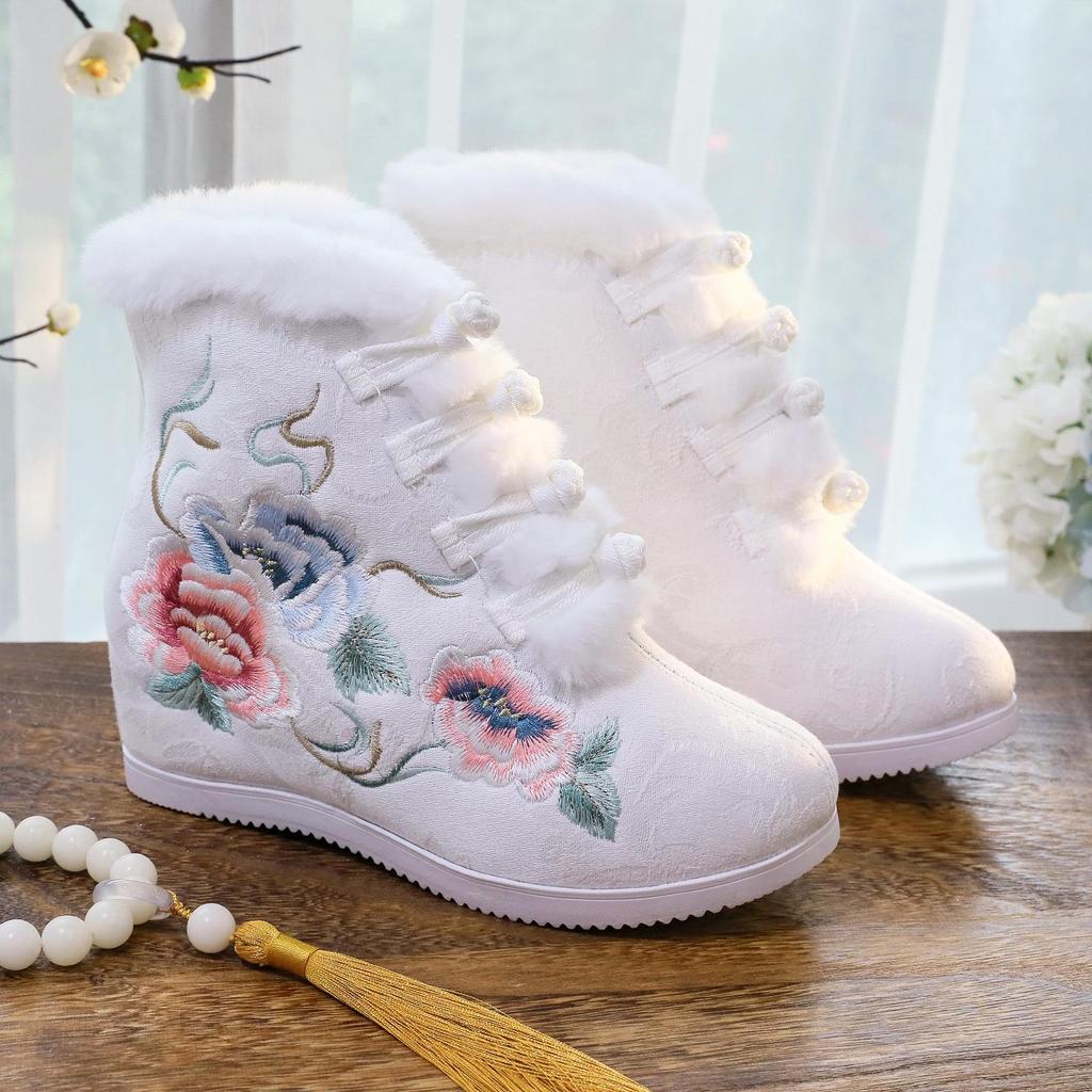 Winter Warm Snow Boots for Women Platform Slip On Faux Fur Lining Ankle Booties Shoes Women's Comfortable Embroidered Fleece Lined Walking Short Boots