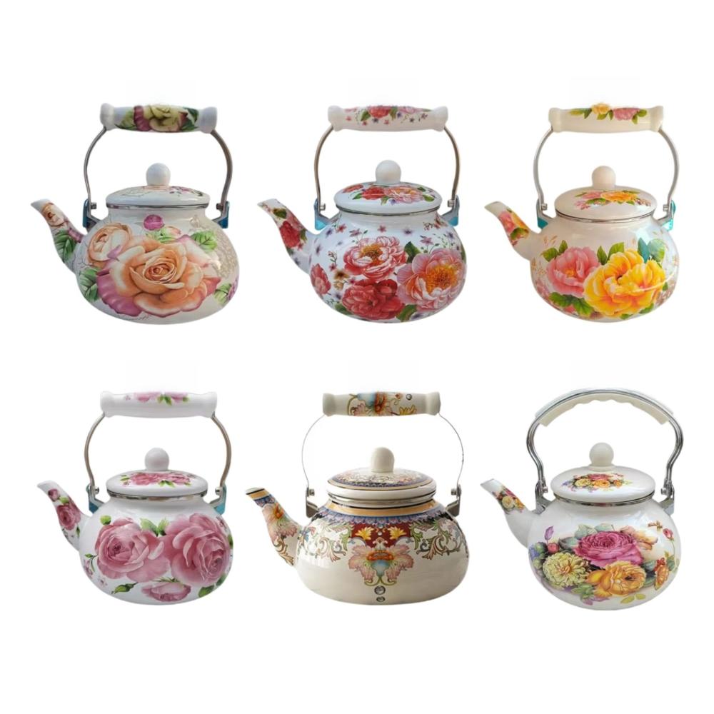Chinese Style Gas Water Kettle Floral Enameled Tea Jug Enamel Teapot  Gas Induction Cooker