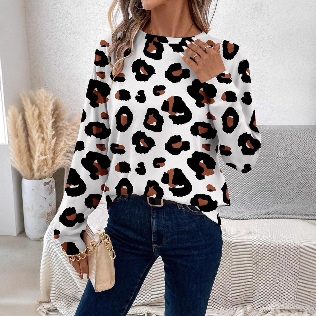 Round Neck 3D Printed Leopard Print Pattern Top Fashionable Casual Long Sleeved Women's Sweatshirts