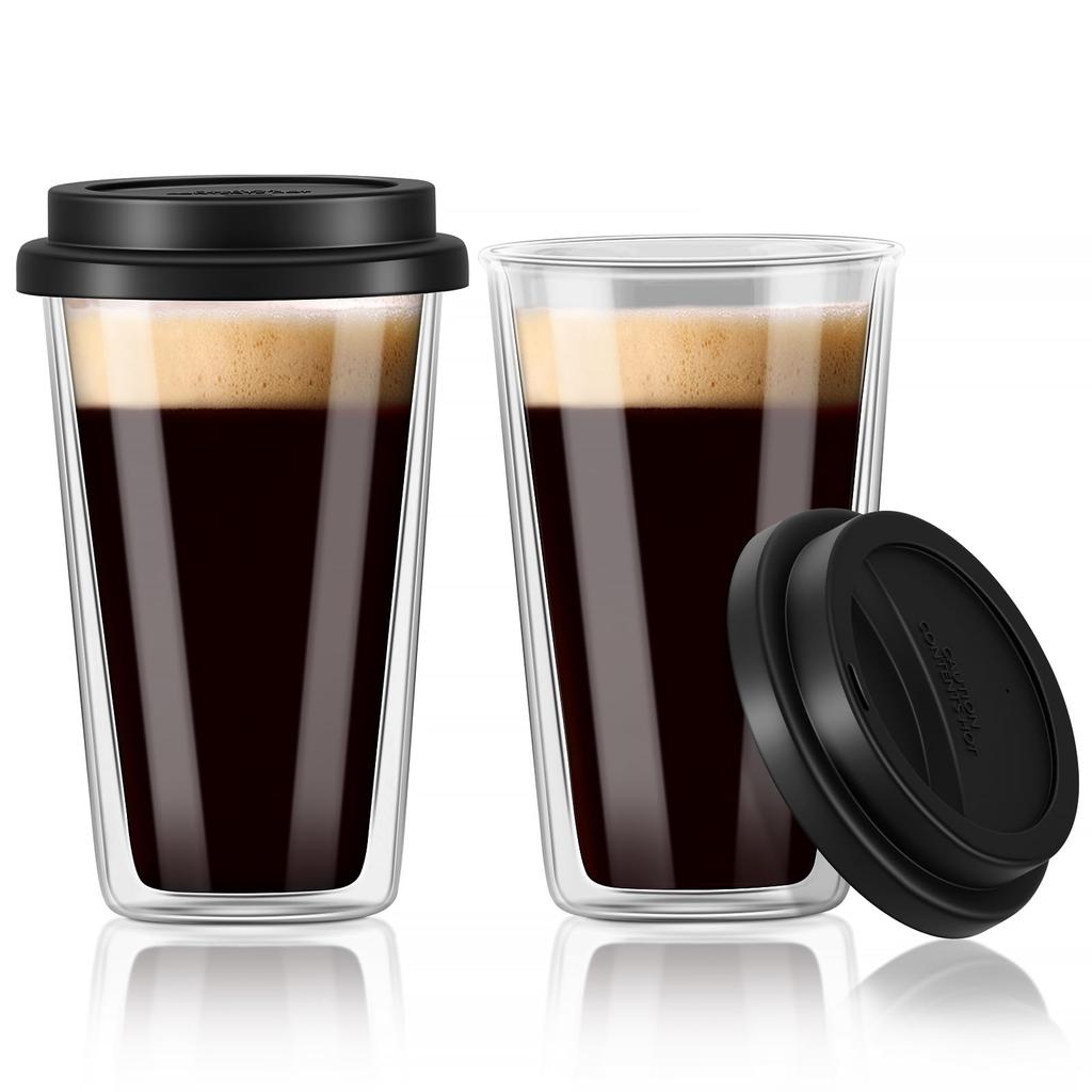 2pcs Double Walled Glass Coffee Mugs with Silicone Lids, 12 OZ Reusable Coffee Cups for Hot or Cold Drinks, Travel Coffee Cups