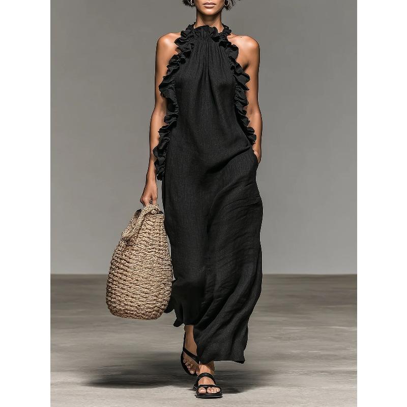Holiday Ruffle Edge Neck Sleeveless Dress Women's Summer Loose and Thin Long Dress Women's Clothing