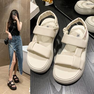 Fashion Spring and Summer Flat Thick-soled Sandals Korean Version Velcro Round-toed Casual Sandals Roman Bread Shoes for Women