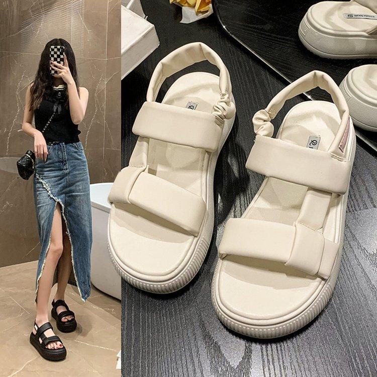 Fashion Spring and summer flat thick-soled sandals Korean version Velcro round-toed casual sandals Roman bread shoes for women