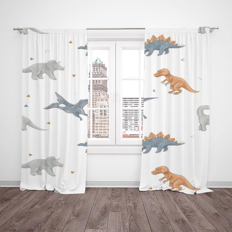White Children's Cartoon Dinosaur Print Curtains -100% Polyester -2 Sheets for Bedroom Curtains and Living Room Decor.