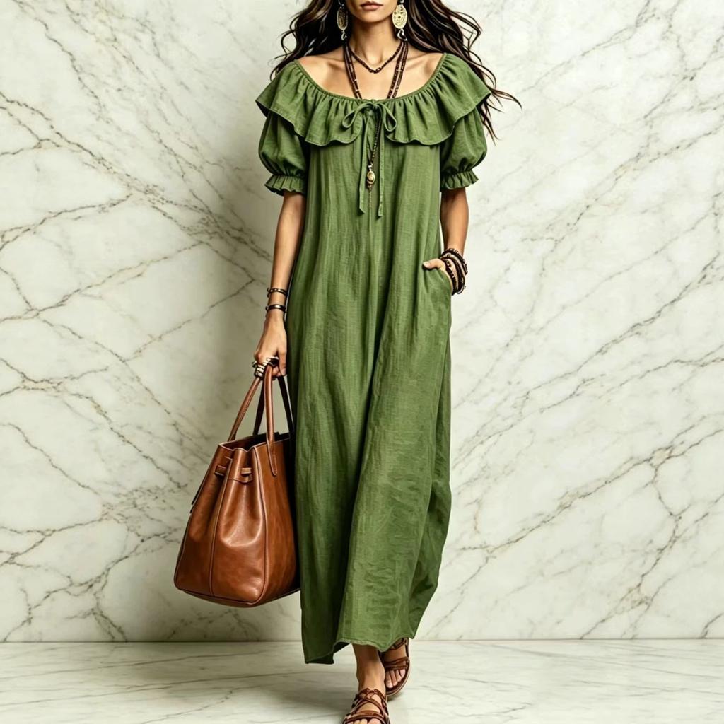 Women Off Shoulder Ruffle Tie Waist Bubble Sleeve Midi Dress