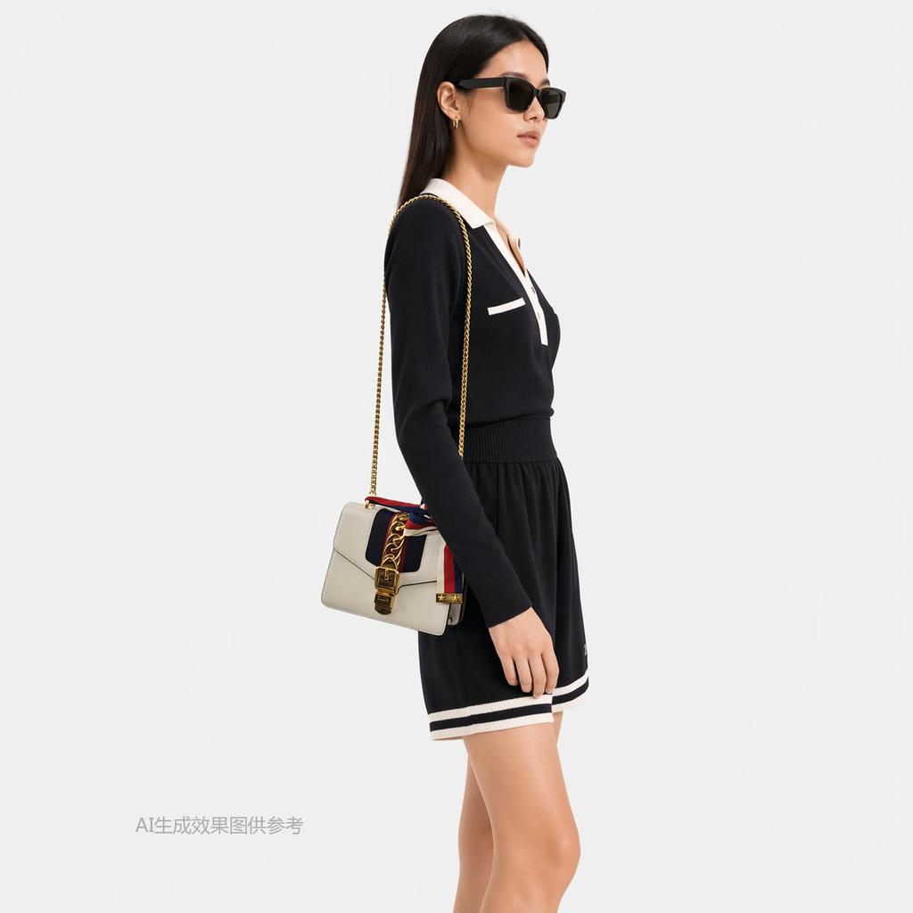 [Pre-Owned] Sylvie Gold Buckle Striped Web Satin Bow Chain Mini Shoulder Bag - Very Good #13B8QNV
