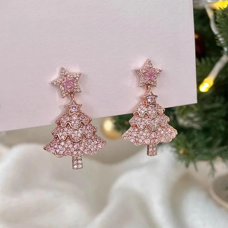 Exquisite Sparkling Zircon Christmas Tree Earrings For Women Full Rhinestone Xmas Tree Dangle Earring Girls Holiday Jewelry Gift