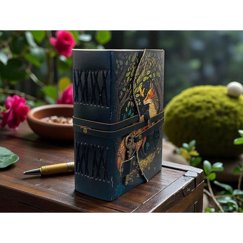 Fox Grimoire Leather Journal with Key – Handmade deckle page journal for women