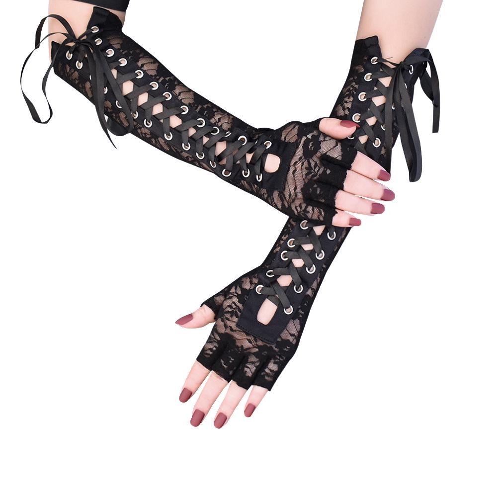 Black Lace-Up Fingerless Gloves - Retro Lolita Dark Punk Style Sleeves