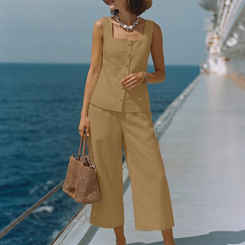 ZANZEA Women Sleeveless Vest Tops and Cropped Pants Summer Two Piece Suit Sets
