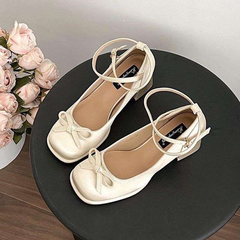 French versatile satin bow Mary Jane shoes girl 2025 new fairy style small man height increase light mouth single shoes
