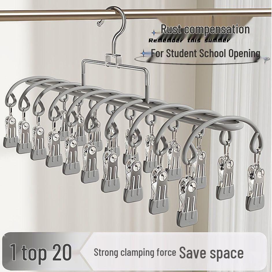 Stainless Steel Sock Drying Rack with Multiple Clips for Balcony and Dormitory Use